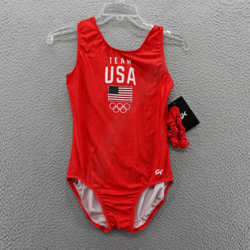 GK Elite Girls Red Team USA Olympic Star Leotard XL with Scrunchie NEW